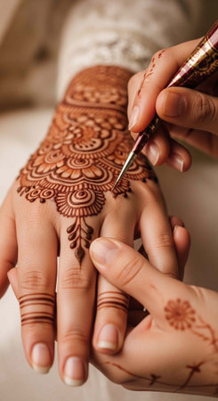 A skilled artist applies intricate henna designs to a woman's hand in a traditional setting.の写真素材
