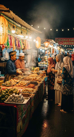 A bustling night market scene with people shopping for food and goods under colorful lights and...