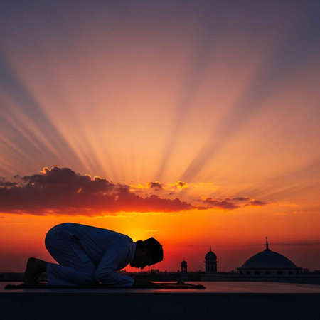 A man in prayer during a serene sunset with a mosque in the background
