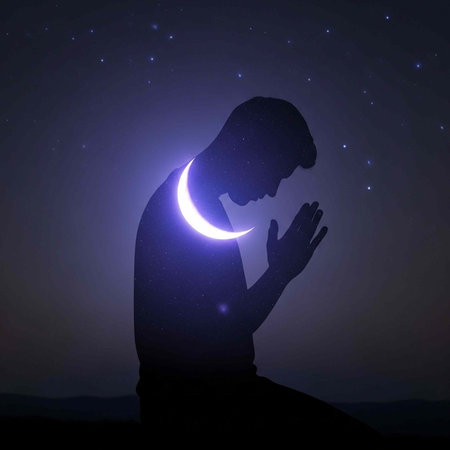 A silhouette of a man praying under a crescent moon and starry night sky in a peaceful and serene...
