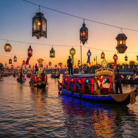 A serene boat floats on a tranquil river surrounded by vibrant lanterns at sunset