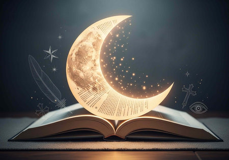 A magical crescent moon glowing brightly from within an open book surrounded by mystical symbols and...