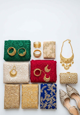 A collection of gold jewelry and colorful fabrics with high-end accessories