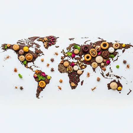 A creative map of the world made from various food ingredients on a white background