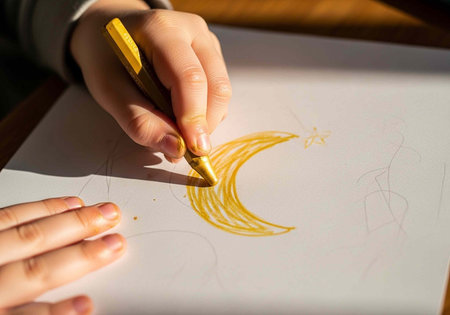 A child's hand drawing a yellow crescent moon with a crayon on white paper