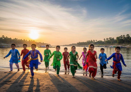 A group of children in traditional clothing running on the beach at sunset with a serene ocean...