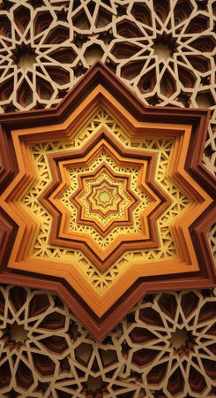 A stunning intricate geometric pattern on a ceiling with star shaped designs and ornate details