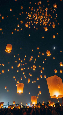 A crowd of people releasing hundreds of glowing lanterns into the night sky with a crescent moonの写真素材