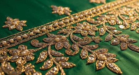 A close-up view of intricate gold embroidery on a green fabric with floral patterns and pearls