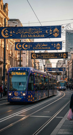 A blue bus drives down a city street with Eid Mubarak signs hanging above it