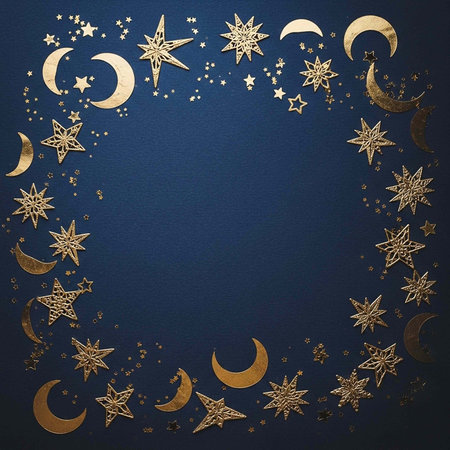 A dark blue background with a gold star and moon border design