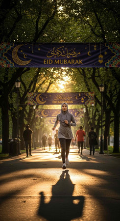 A man jogging under a banner in a park with trees and people in the backgroundの写真素材