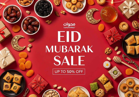 A vibrant Eid Mubarak sale advertisement with traditional Middle Eastern sweets and gifts on a red...
