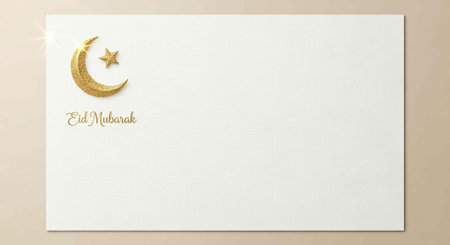A white card with a gold crescent moon and star on a beige background for Eid Mubarak celebrationの写真素材