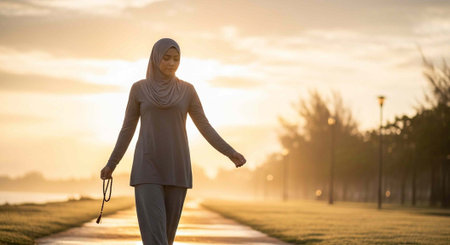 A serene woman in hijab walking alone on a peaceful park path at sunset with sunglasses in handの写真素材