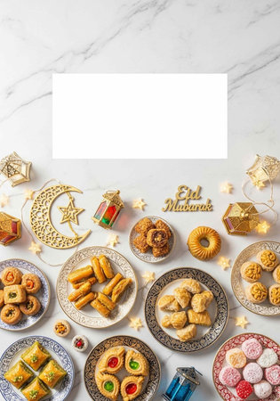 A beautifully arranged assortment of traditional Eid Mubarak sweets and pastries on decorative...