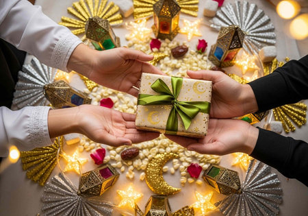 Two people exchanging a gift wrapped in green ribbon on a festive table with decorations and lights
