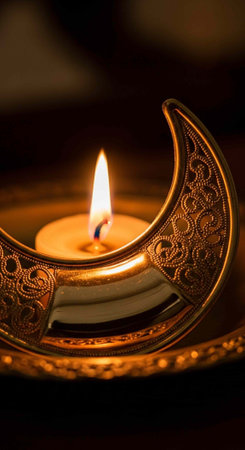 A serene golden crescent moon candle holder with a lit candle in a peaceful dark settingの写真素材