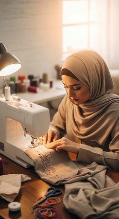 A woman wearing a hijab is sewing on a white machine in a bright room with fabric and threadsの写真素材