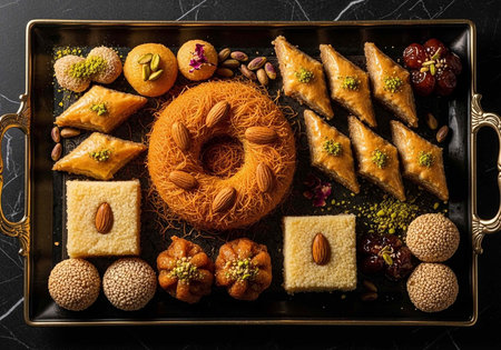 A beautifully arranged assortment of traditional Middle Eastern pastries and sweets on a decorative...
