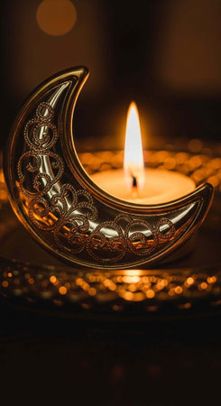 A serene golden crescent moon candle holder with a lit candle inside, emitting a warm glow