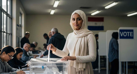 A woman in a hijab casting her vote in a polling station with people in the background