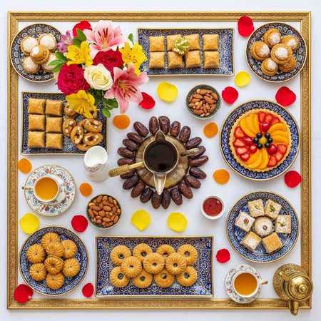 A beautifully arranged traditional Middle Eastern dessert spread with flowers and teaの写真素材