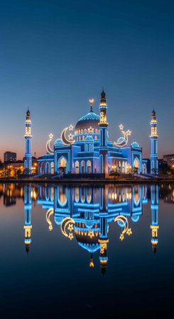 A serene mosque illuminated at dusk with beautiful lights reflecting on the water