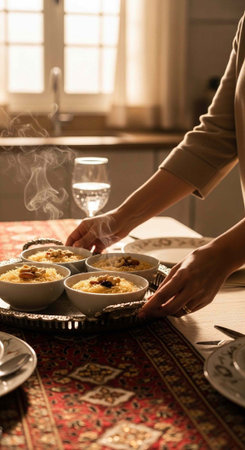 A person serving steaming bowls of food on a decorative tray in a cozy kitchen setting