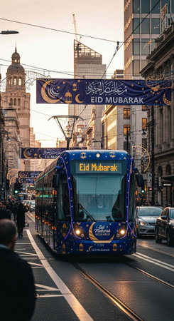 A blue bus decorated with lights and signs drives down a city street during Eid Mubarak celebrations