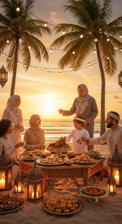 A family gathers around a beautifully set table on the beach at sunset, surrounded by palm trees and...