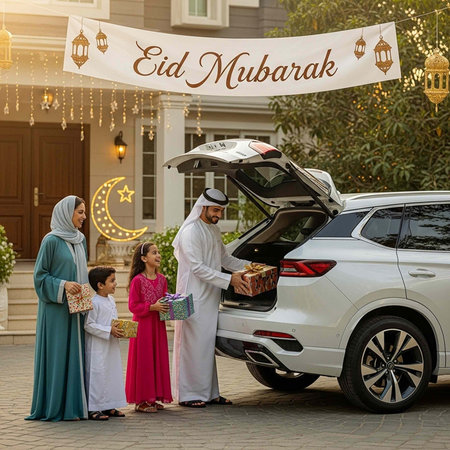 A Muslim family in traditional clothing stands beside a white SUV with gifts on Eid Mubarak...