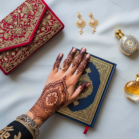 A hand adorned with intricate henna designs rests on a beautifully decorated book surrounded by...