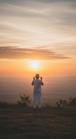 A man stands on a hill taking a photo of a beautiful sunset with his camera at golden hour