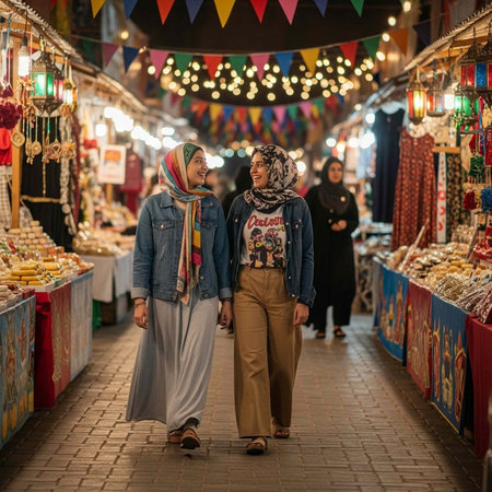 Two women in headscarves walking through a vibrant marketplace at night with colorful stalls and lightsの写真素材