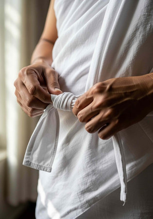 A person wearing a white robe tying the sash with both hands in a serene and peaceful atmosphere.