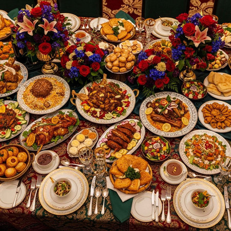 A lavishly set table with an assortment of delectable dishes and vibrant floral arrangements for a...