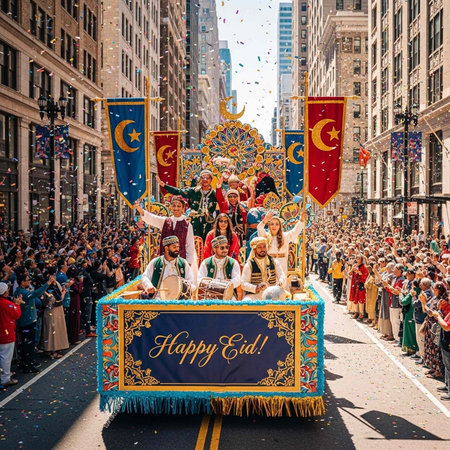 A vibrant Eid celebration parade floats through a crowded city street with joyful people and...