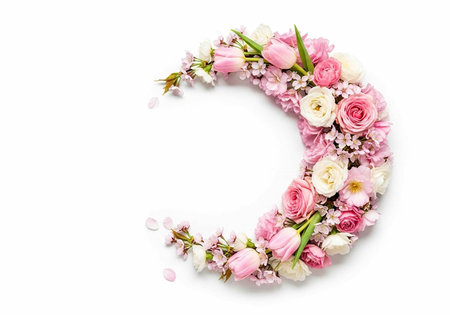 A beautiful floral wreath made of pink and white roses, tulips, and other flowers on a white backgroundの写真素材