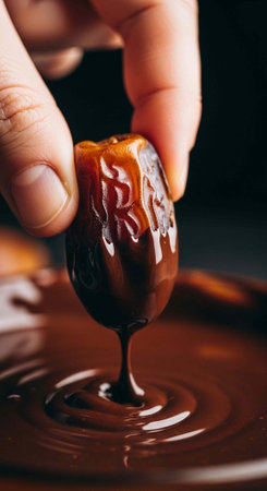 A hand dipping a date into melted chocolate for a sweet and indulgent treatの写真素材