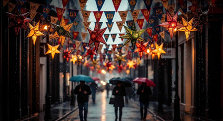 People walking under colorful star lights and umbrellas on a rainy city street at night