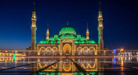 A large mosque with green dome and minarets illuminated at night with reflective pool in foregroundの写真素材