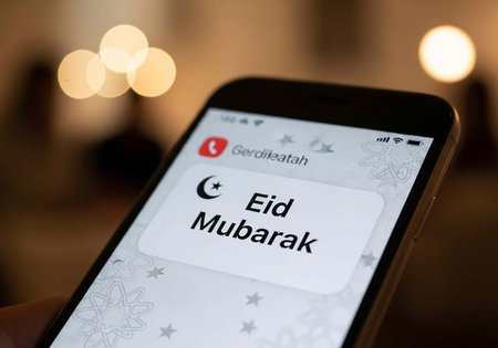 A smartphone screen displays an Eid Mubarak message on a blurred background with bokeh lights