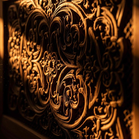 A close-up view of an intricately designed golden ornamental pattern on a dark background