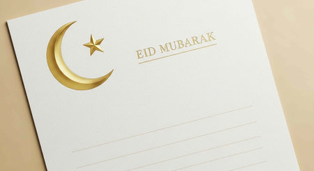A white card with a gold crescent moon and star on a beige background with Eid Mubarak text