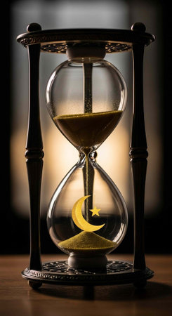 An hourglass with a crescent moon and star inside, symbolizing time and celestial wonder