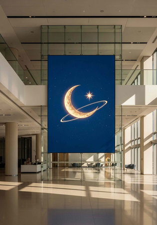 A large blue banner with a crescent moon and star hangs in a modern glass-walled lobby with natural...
