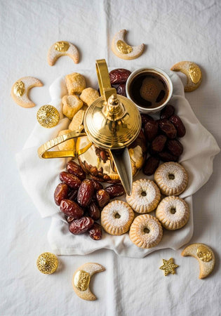 A beautifully arranged platter of traditional Middle Eastern sweets and dates with golden...