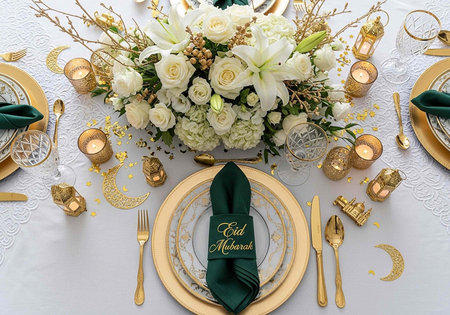 A beautifully set table with gold and white decorations for a special occasion or celebration dinner...