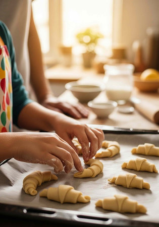 A person is preparing croissants on a baking sheet in a kitchen with natural light